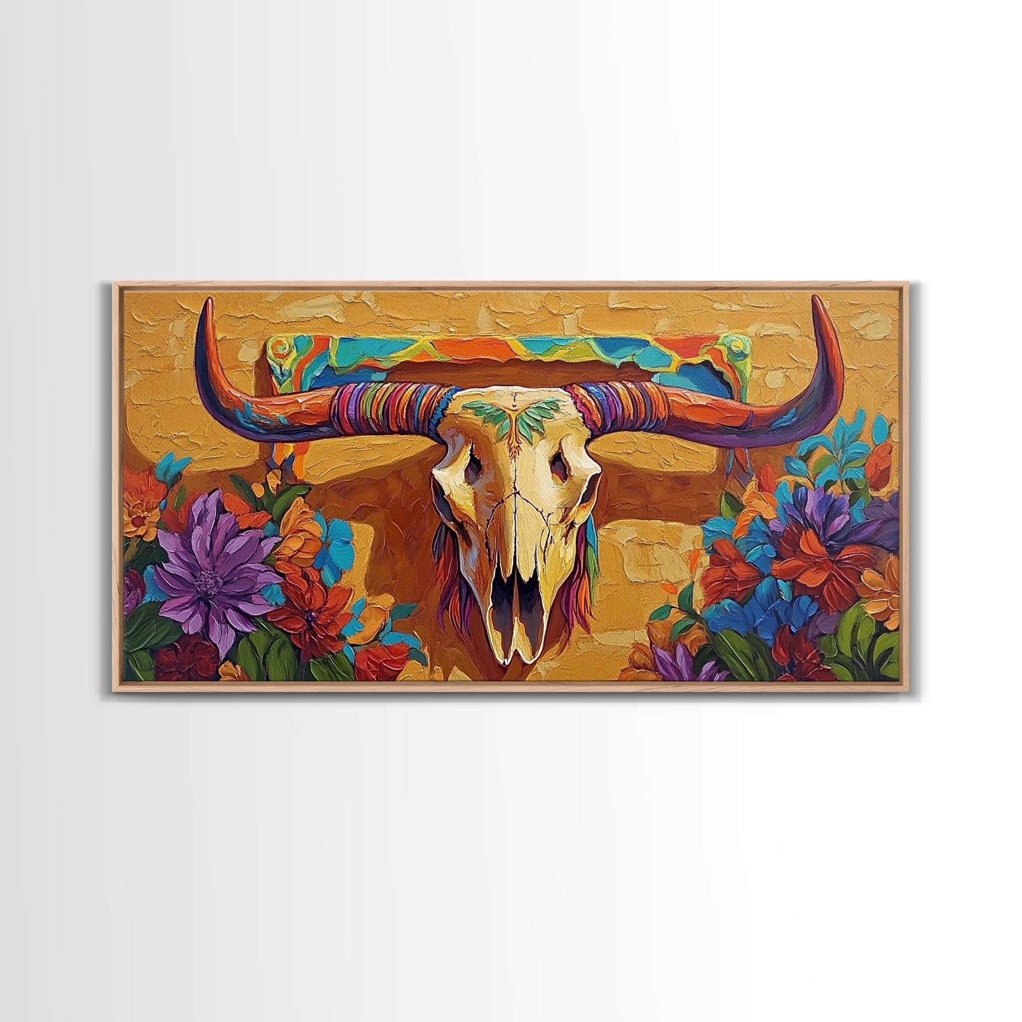 Bull Skull, Floral, Colorful, Framed Canvas Print, western boho wall decor, rustic desert style, entryway art, office wall art