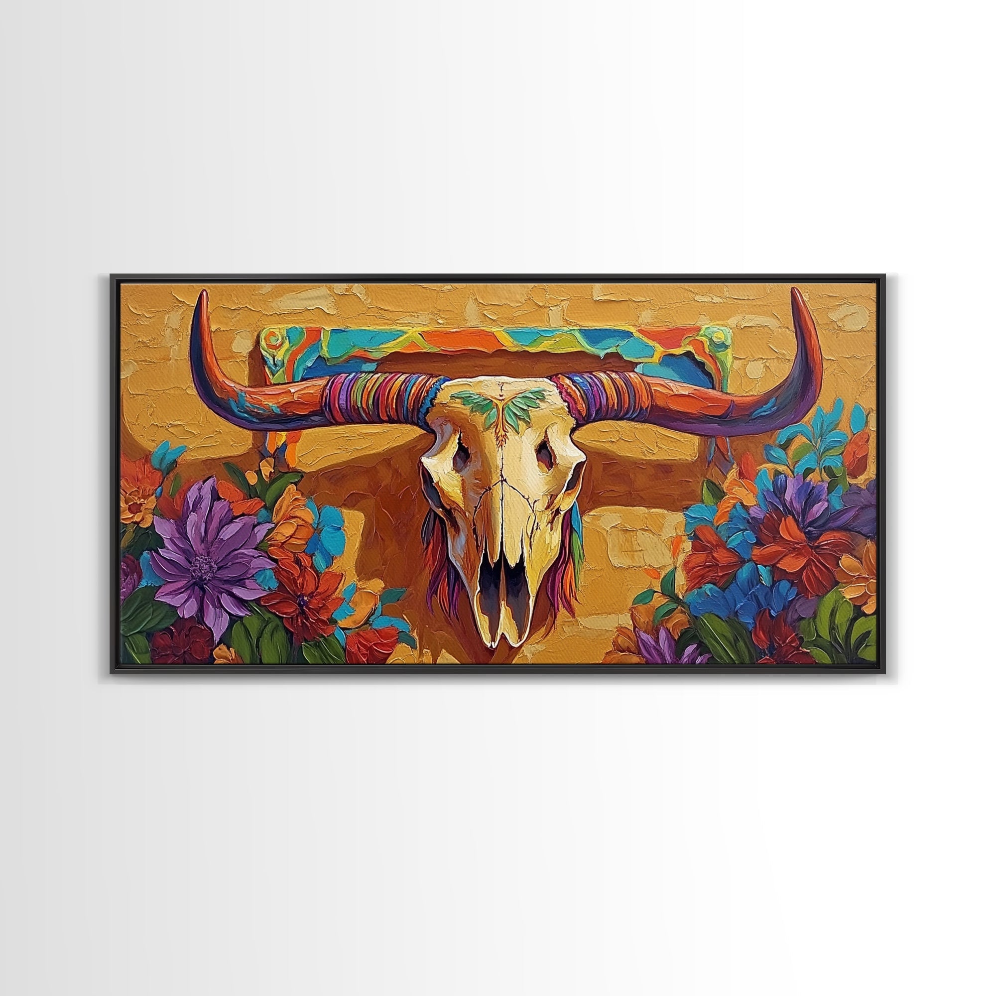 Bull Skull, Floral, Colorful, Framed Canvas Print, western boho wall decor, rustic desert style, entryway art, office wall art