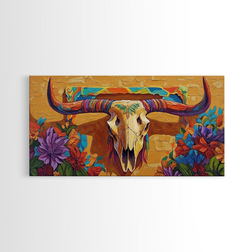 Bull Skull, Floral, Colorful, Framed Canvas Print, western boho wall decor, rustic desert style, entryway art, office wall art