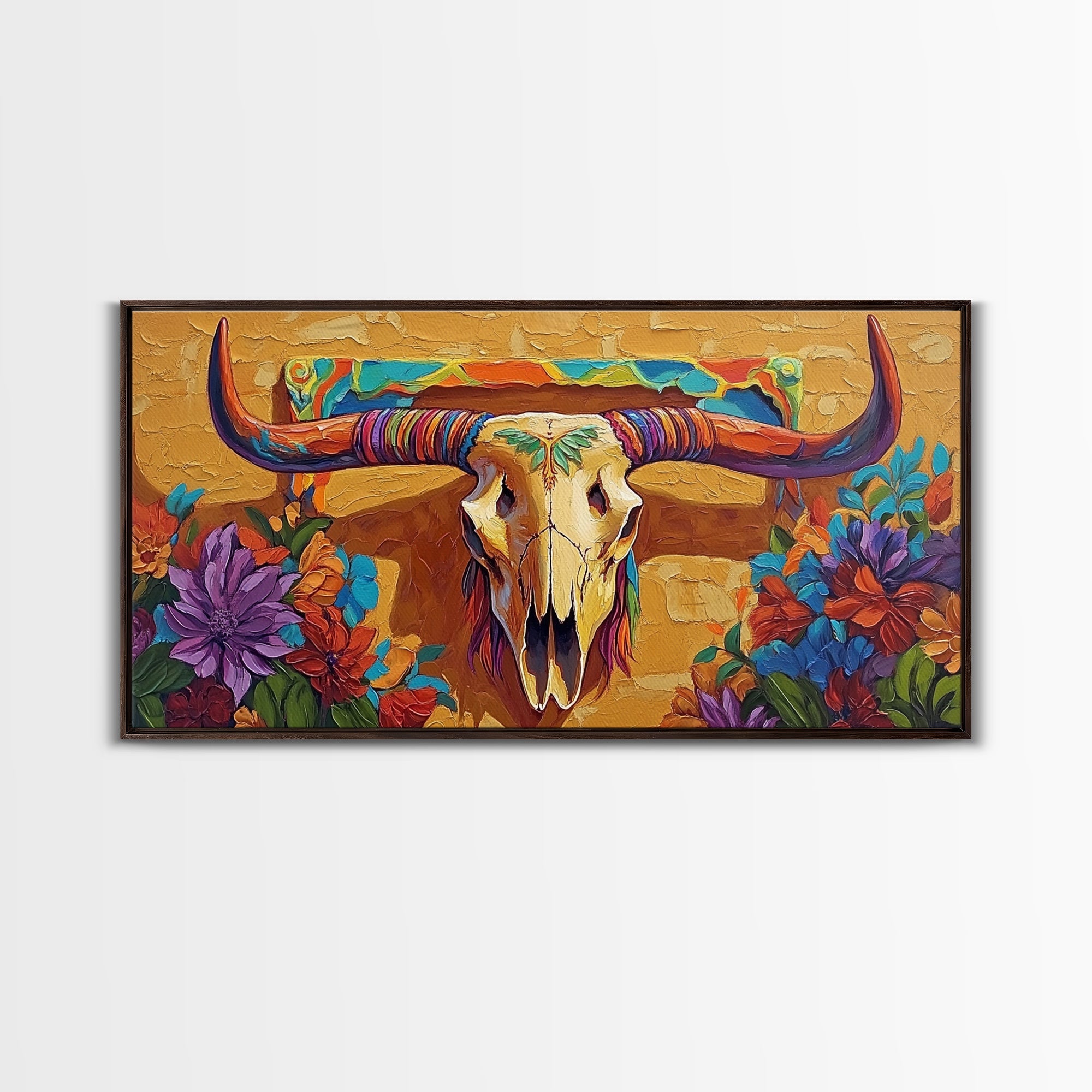 Bull Skull, Floral, Colorful, Framed Canvas Print, western boho wall decor, rustic desert style, entryway art, office wall art