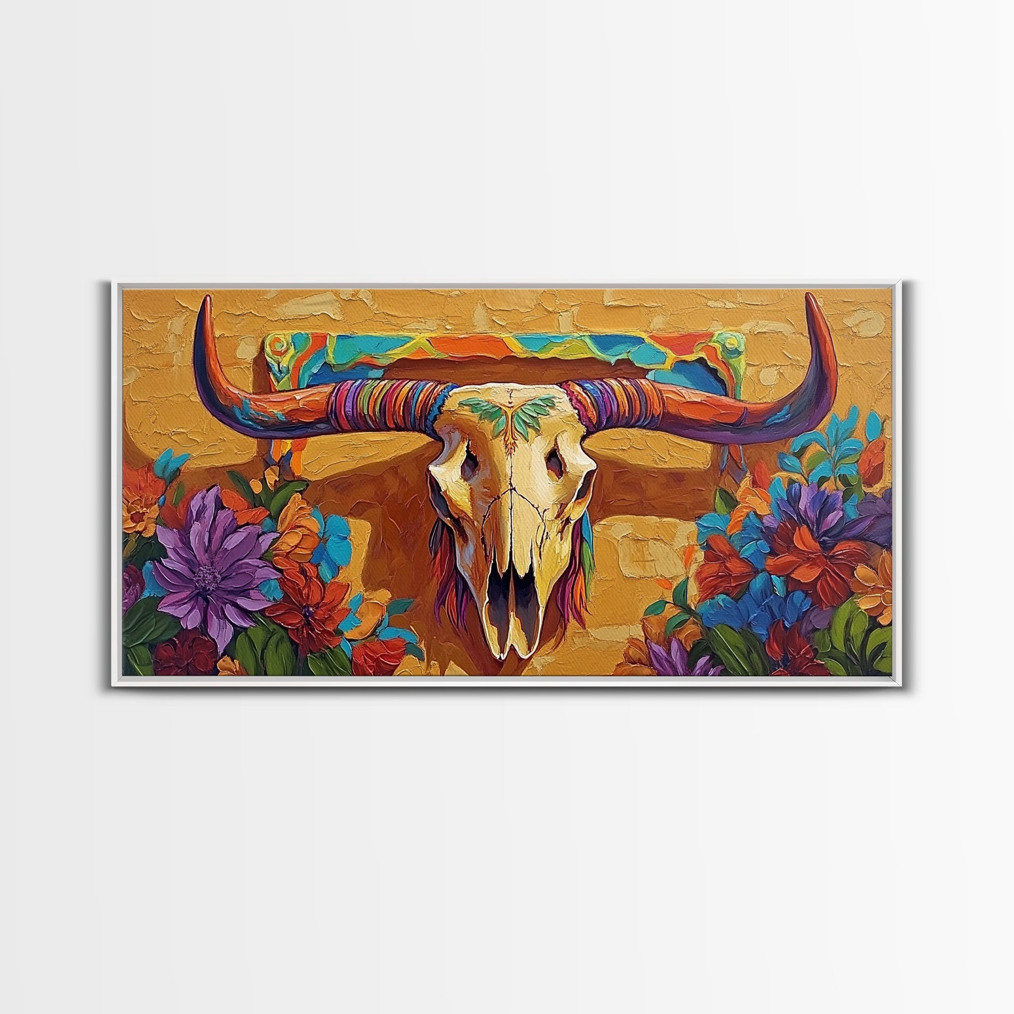 Bull Skull, Floral, Colorful, Framed Canvas Print, western boho wall decor, rustic desert style, entryway art, office wall art