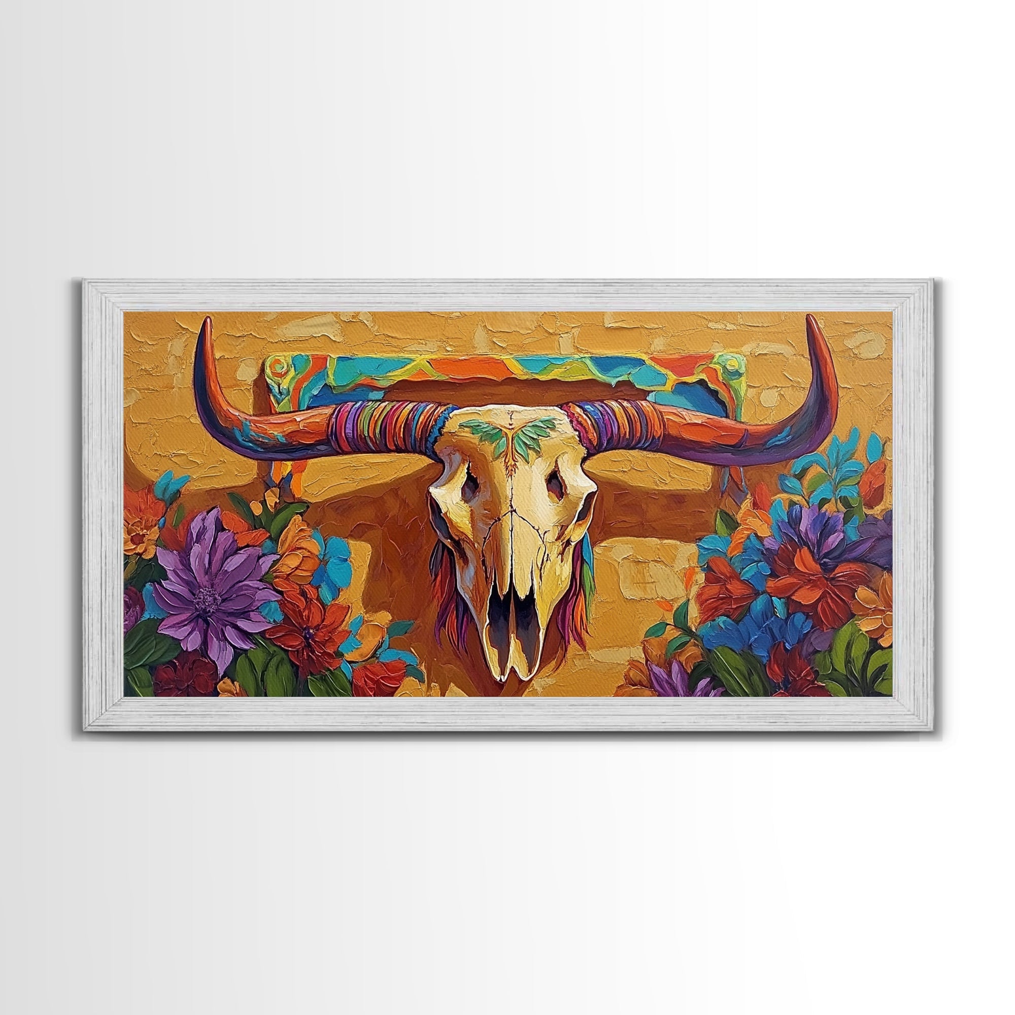 Bull Skull, Floral, Colorful, Framed Canvas Print, western boho wall decor, rustic desert style, entryway art, office wall art