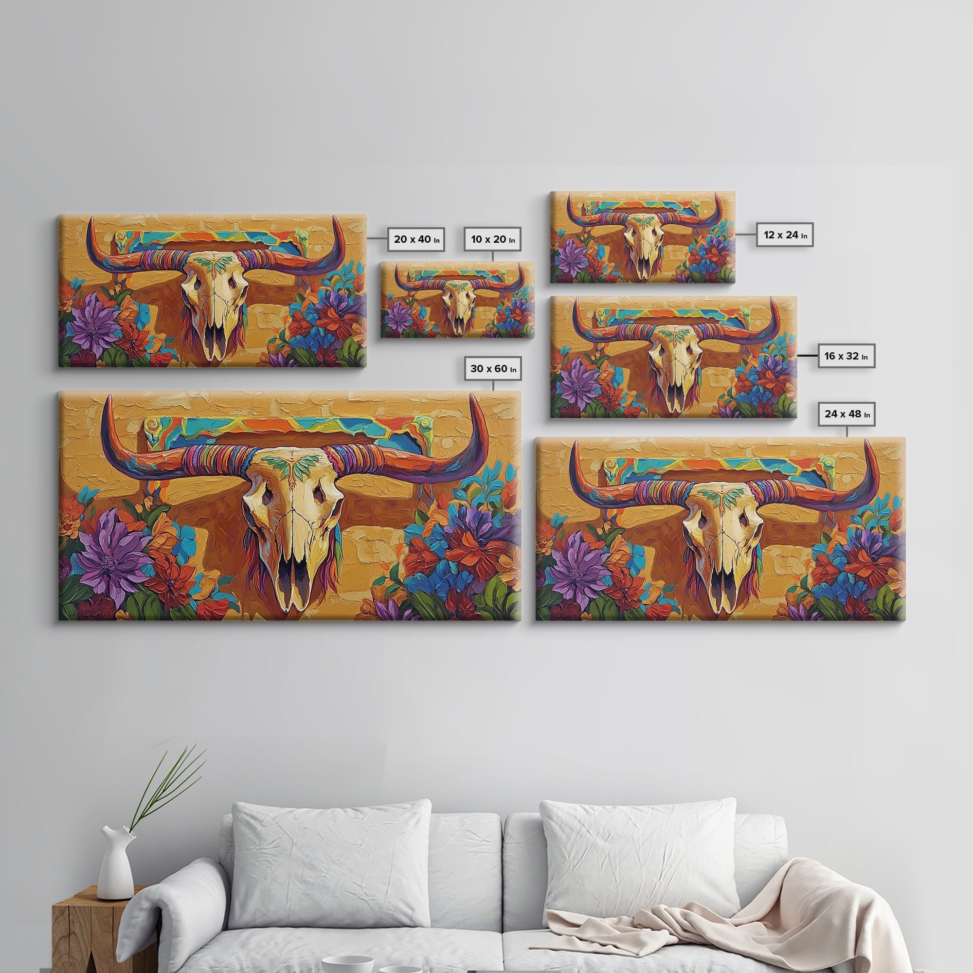 Bull Skull, Floral, Colorful, Framed Canvas Print, western boho wall decor, rustic desert style, entryway art, office wall art