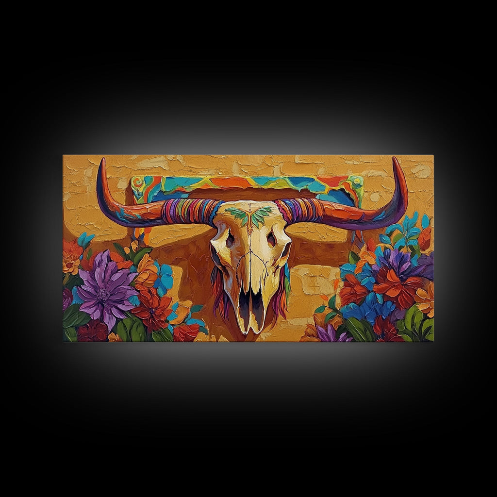 Bull Skull, Floral, Colorful, Framed Canvas Print, western boho wall decor, rustic desert style, entryway art, office wall art