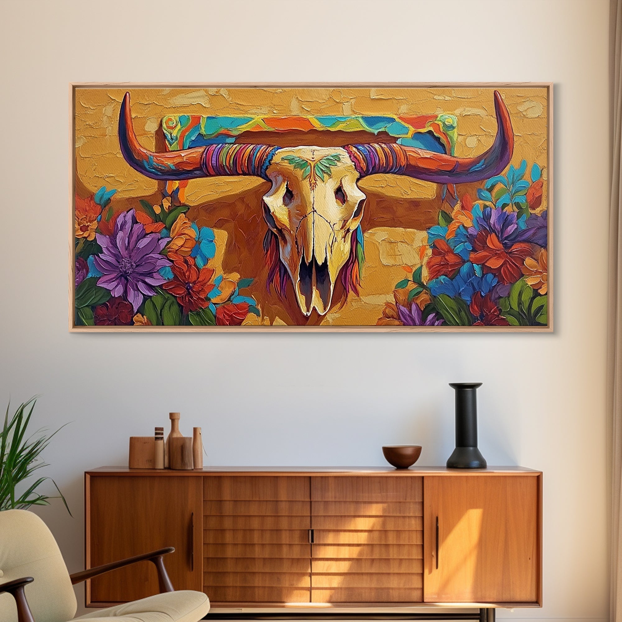 Bull Skull, Floral, Colorful, Framed Canvas Print, western boho wall decor, rustic desert style, entryway art, office wall art