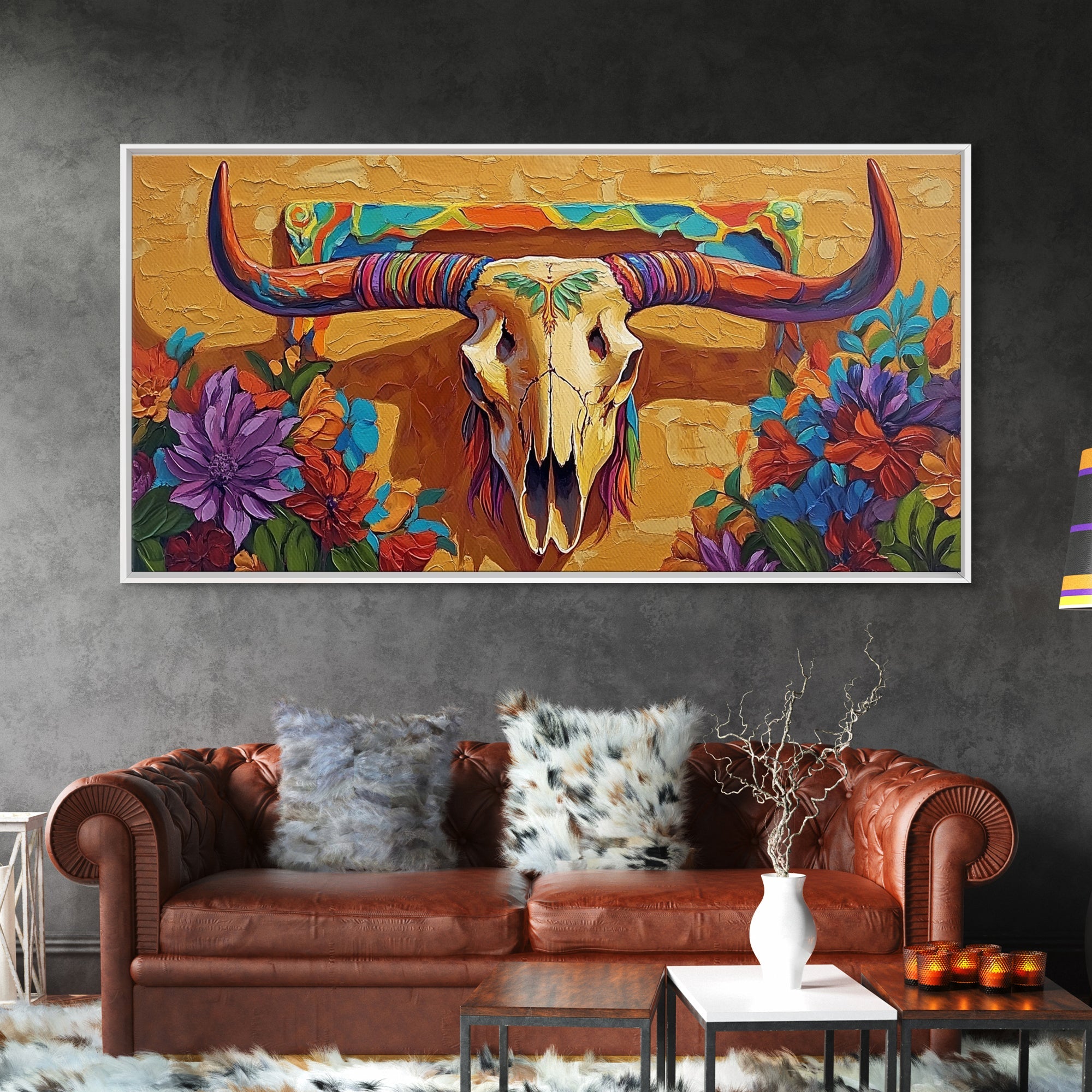 Bull Skull, Floral, Colorful, Framed Canvas Print, western boho wall decor, rustic desert style, entryway art, office wall art
