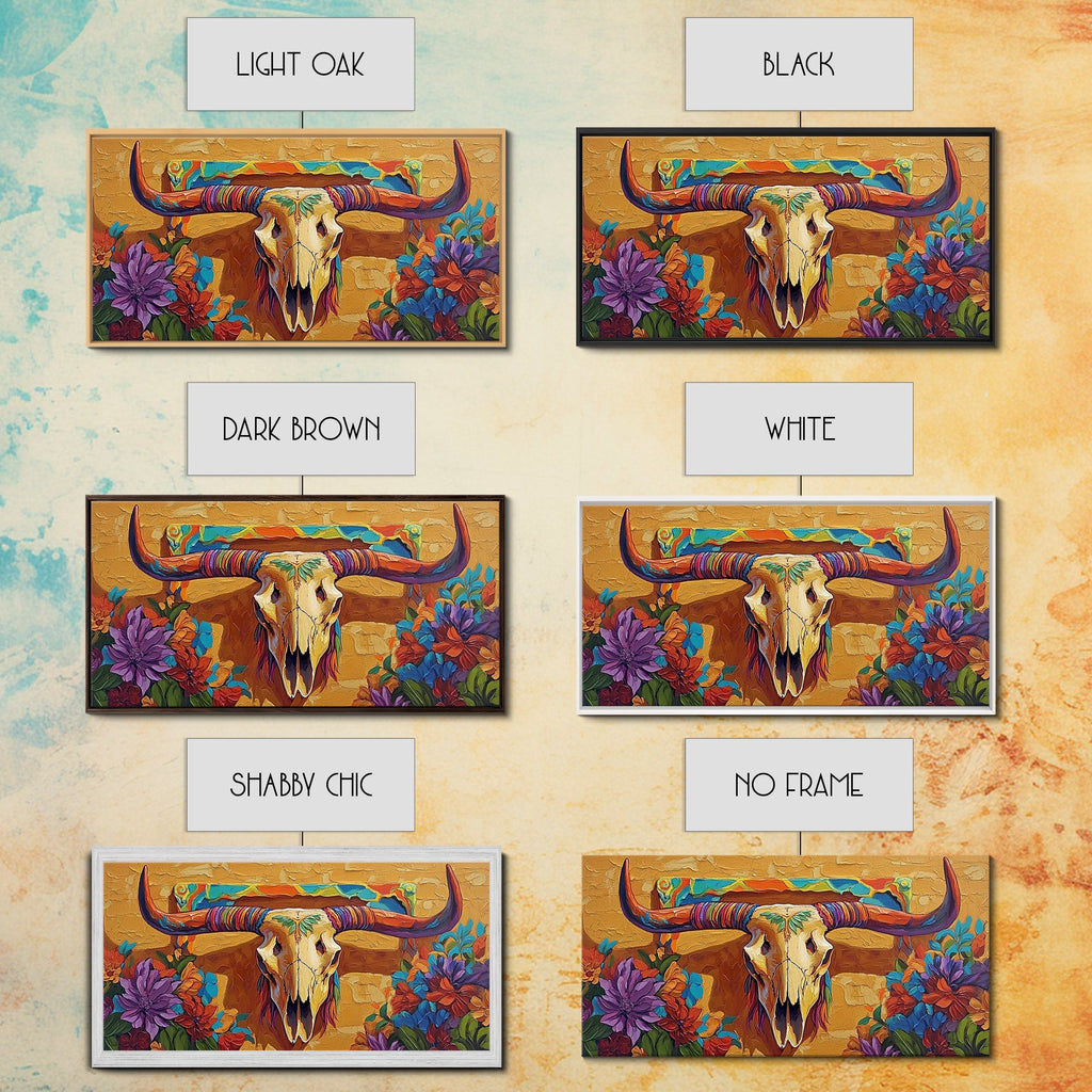 Bull Skull, Floral, Colorful, Framed Canvas Print, western boho wall decor, rustic desert style, entryway art, office wall art