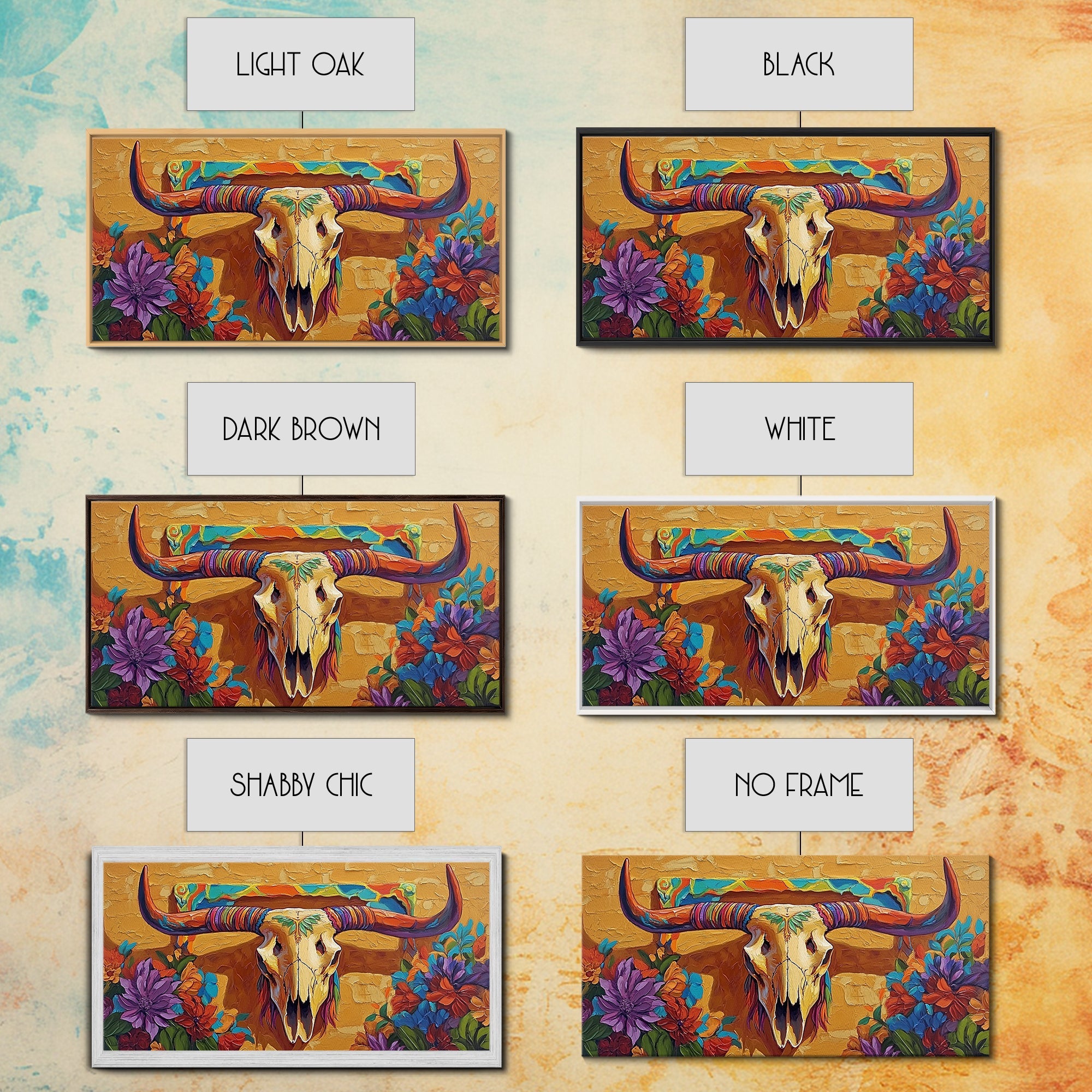 Bull Skull, Floral, Colorful, Framed Canvas Print, western boho wall decor, rustic desert style, entryway art, office wall art